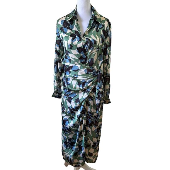 Dress Forum Long Sleeves V-neck Wrap Midi Dress Multicolor Green Size M NWT - Picture 5 of 8